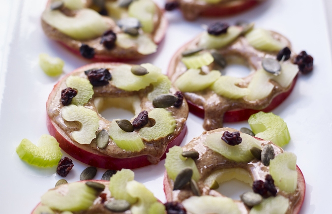 Apple, peanut butter and celery snacking slices