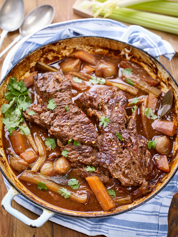 Slow cooked beef brisket with celery and shallots
